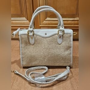 Etienne Aigner Cream Leather & JUTE / BURLAP Purse Bag Satchel New Old Stock